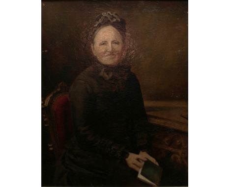19th century British School Three quarter length portrait of an austere lady, seated, wearing a black gown and holding a book
