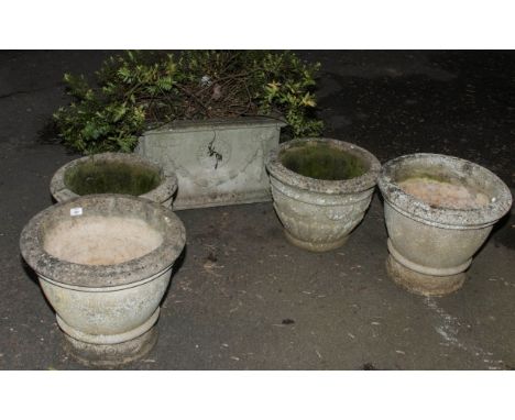 A Haddonstone Adam box, model A100, containing a Hebe, together with two pairs of cast stone garden planters, each cylindrica