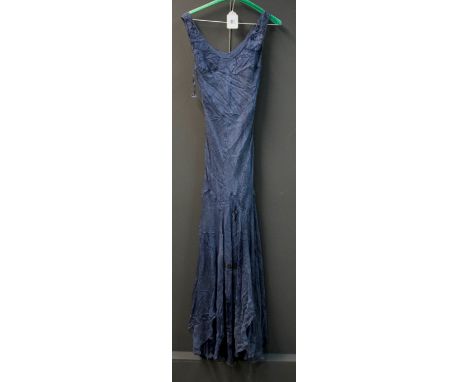 Christian Dior, a silk floor length bias cut dress, in a crushed denim pattern fabric, sleeveless with scoop neck, Size 10 (t