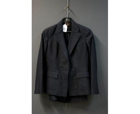 Loewe, a lady's black silk cotton mix two piece suit, the double breasted jacket with over-stitched detail to lapels and patc