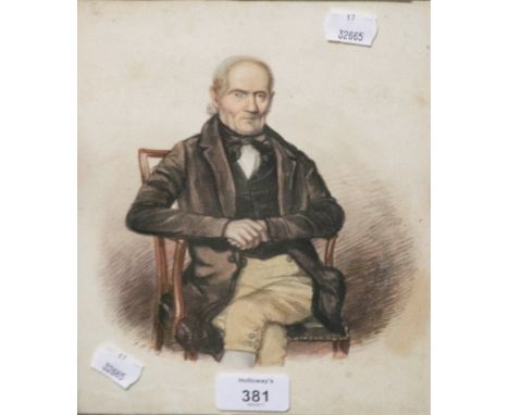 Mid 19th century English school Three quarter length portrait of a gentleman seated in a carver chair watercolour, dated 1853