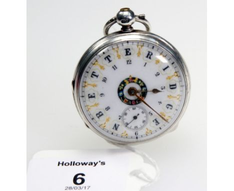 A lady's Victorian key wind silver watch,  the well painted enamel dial, marked 'N Betteridge' to outer chapter ring, Arabic 