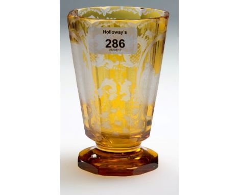 A late 19th century Bohemian amber flashed and etched 'Spa-Glass' of tapering panelled form, bearing an architectural scene a