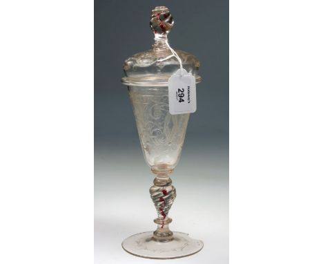 A Bohemian 18th century wheel etched glass pedestal goblet and cover, with bar opaque decoration with stylised cornucopia, tw
