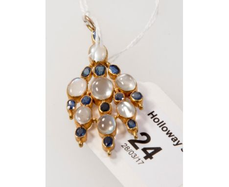 A moonstone and sapphire chandelier style pendant, the graduated oval moonstones and oval cut sapphires in rub-over mounts to