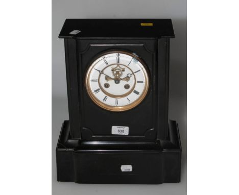 A late Victorian Belgian black marble mantel clock, of architectural form, the white stepped dial with visible brocket escape