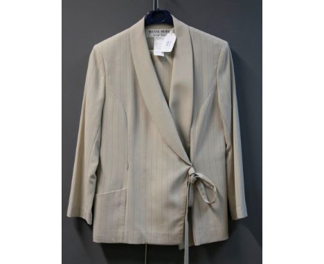 Hanae Mori, a lady's wool trouser suit, cream pin stripe with a side-tie fastening and wide leg trousers, Size 40