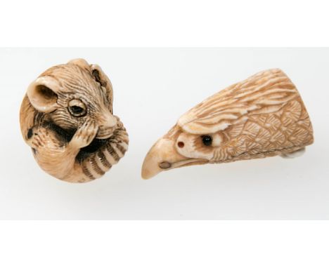 A Japanese early 20th century carved ivory netsuke, of  a rat curled into an open ball with inset eyes, 3.5cm, together with 