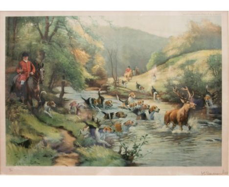 After John Sanderson Sanderson-Wells (British 1872-1955) A set of four stag hunting prints published by Drake, each signed in