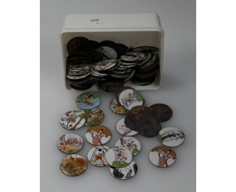 A collection of several dozen enamel and transfer decorated circular 4.25cm plaques,  sets and part sets, probably circa 1970