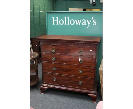 A principally  George III mahogany chest, of two short and three long drawers on a plinth and ogee bracket feet 121 x 120cm