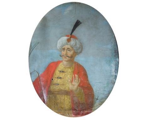 18th century, probably French School Half length portrait of a Turkish Prince oil on canvas, laid down 55 x 44cm oval