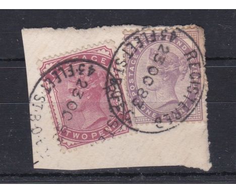 Great Britain 1883-Piece with fine used 2d deep rose and 1d lilac, nice quality item