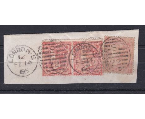 Great Britain 1866- London S/22 date stamped piece with 1862 4d bright red (SG79) and 1865 4d dull vermillion plate 7, A attr