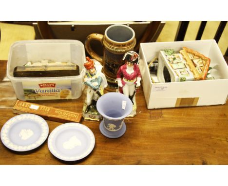 A lot to include; two German ceramic soldier figures, three pieces of Wedgwood Jasper ware, German christmas light ornament, 