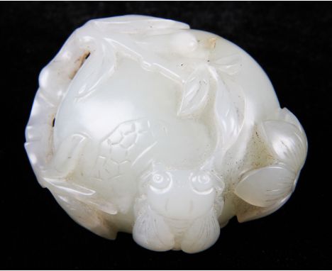 A Chinese white jade pendant in the form of a cicada on a pomegranate with leaves, length 5.5cm, c.18th - 19th Century Qing. 