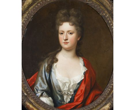 Circle of SIR GODFREY KNELLER (1646 - 1723) Framed, unsigned, oil on canvas, oval portrait of young woman with long curled ha