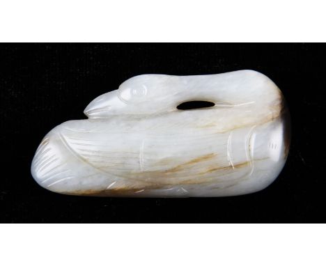 A Chinese white jade pendant in the form of a goose resting head on it's body, length 6cm, c.18th - 19th Century Qing. Proven