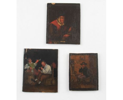 Three unframed, unsigned, Dutch oils on paper laid on panel, showing figures drinking in room and tavern interiors, (3).