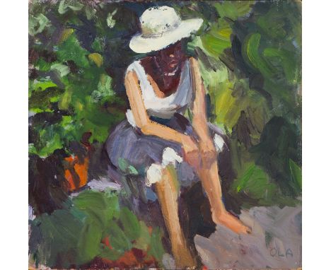Unframed, oil on board, portrait of a seated woman wearing a wide brim hat, in garden clearing, inscribed OLA, 30.3cm x 30.3c