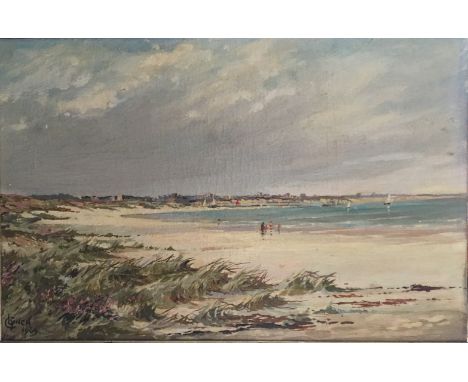 C. R. LYNCH. Framed, signed, dated 1969, oil on canvas laid on board, titled on label verso, 'Studland Bay, Dorset', figures 