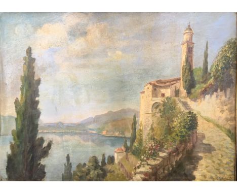 O. PERLASCA. Framed, signed, oil on canvas, continental landscape of a church overlooking the sea, 62cm x 86cm.