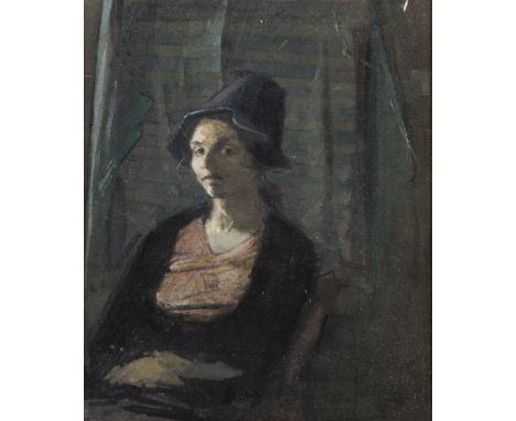 Framed, indistinctly signed, 20th Century oil on canvas, half length portrait of a girl seated before green curtain, titled o