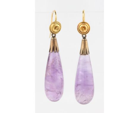 A pair of amethyst dropper earrings, with shepherd hook findings, suspending a tear drop amethyst cabochon, length approx. 40