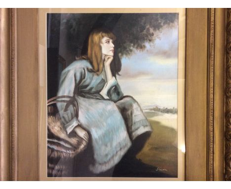 SIMON. Framed, signed, oil on canvas, portrait of a seated girl with basket, under a tree in a landscape, 50.5cm x 40.3cm.