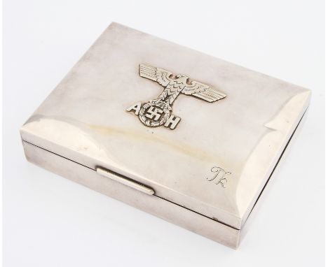 Early 20th Century German silver cigarette box with swastika and Nazi eagle emblem to lid with Adolf Hitler initials to eithe