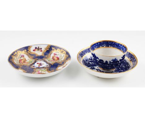An 18th Century Worcester Dr Wall period porcelain blue and white tea bowl and saucer with Oriental design with gilt edging, 