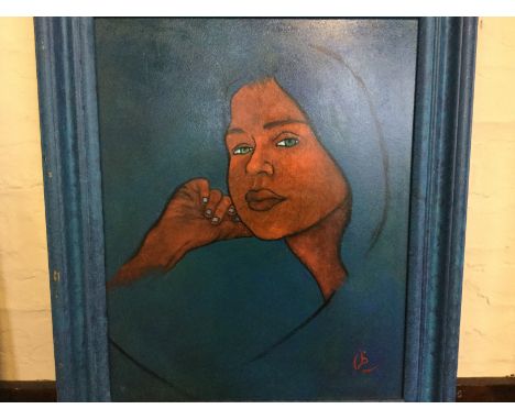 BRIAN COOK. Framed, signed with monogram, oil on board portrait of the artist Paivi Mutikainen, titled verso 'Paivi Thinking'