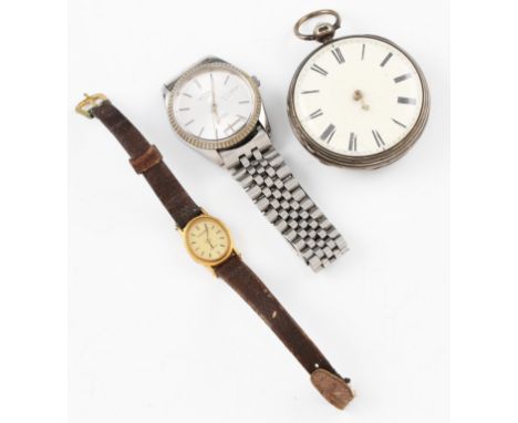 A Victorian silver fusee movement open face key wind pocket watch, the white enamel dial having hourly Roman numeral markers 
