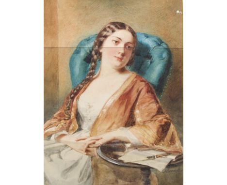 HORRAK. Framed, signed, watercolour on paper, half length portrait of a Victorian lady seated in a blue chair, 29cm x 22cm.