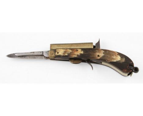 A 19th / 20th Century percussion pocket pistol with brass octagonal barrel with cow horn body with two fold out knifes to the