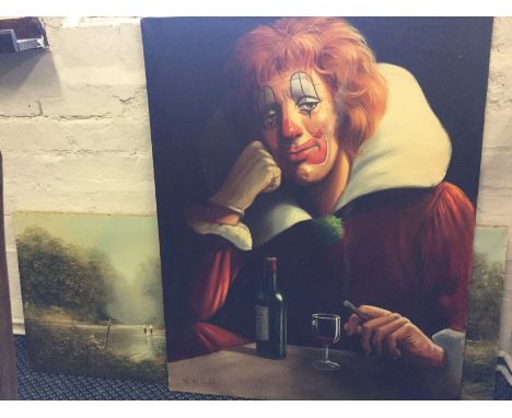 KEITH ENGLISH. Unframed, signed, oil on canvas, portrait of a depressed clown, together with LES PARSON. Unframed, signed, oi