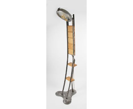 PETER MORRISON, floor lamp constructed from reclaimed materials with metal body with wooden plank panels and shelves, all on 