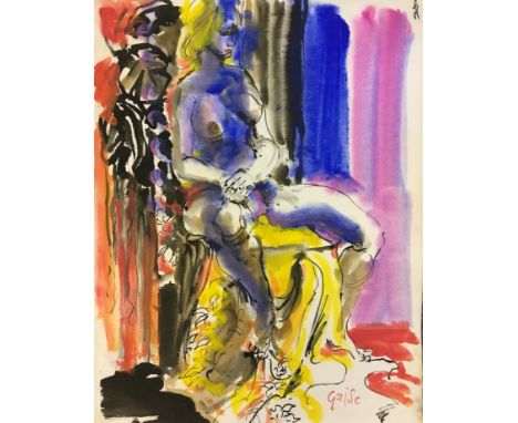 HENDRIK GRISE (1914 - 1983) Unframed, signed, watercolour, gouache and ink on paper, portrait of a seated female nude, 66cm x