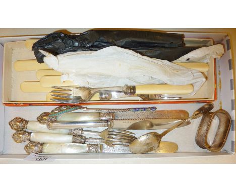 Antique cutlery inc. Russian Cloisonné enamel silver spoon, silver and mother of pearl dessert knives and forks, other silver