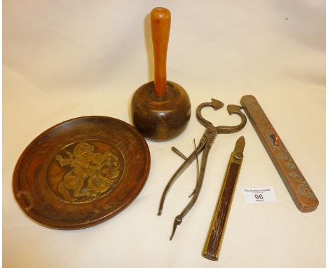 Collection of old tools etc., inc. lignum vitae woodworking mallet, an old brass quill cutter or ink eraser and sugar nips ma