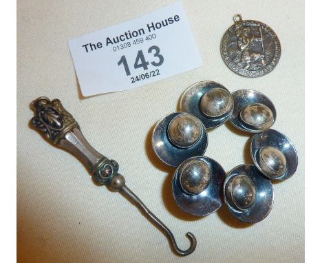 Danish Modernist Sterling silver brooch by Niels Eric From, a miniature silver button hook for chatelaine and a St. Christoph
