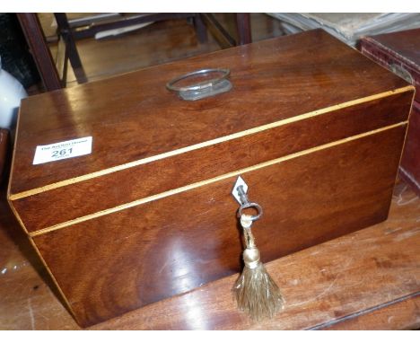 Georgian cross banded rosewood tea caddy with glass mixing bowl and key