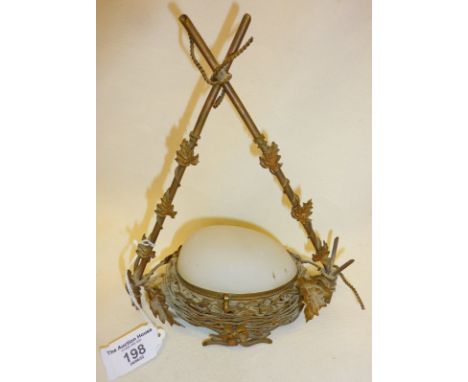 Antique French opaline glass egg jewellery or trinket box in gilded brass nest, Palais Royal style, with crossed branches abo