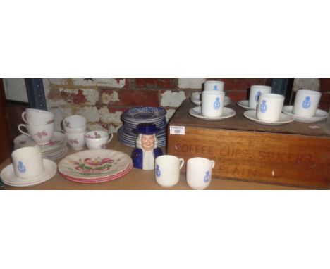 Coffee cans and saucers with Royal Navy crests in original wooden inventory box and other china