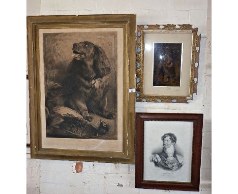 Large steel engraving titled "Spaniel &amp; Pheasant" after Landseer engraved by Thomas Landseer and having signed dedication