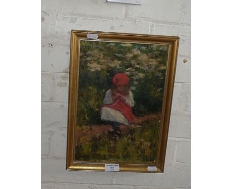 Bertha KING (aka Mrs Everard) 1873-1965, oil on canvas, portrait of a girl in a red beret making a daisy chain, 13" x 9" canv