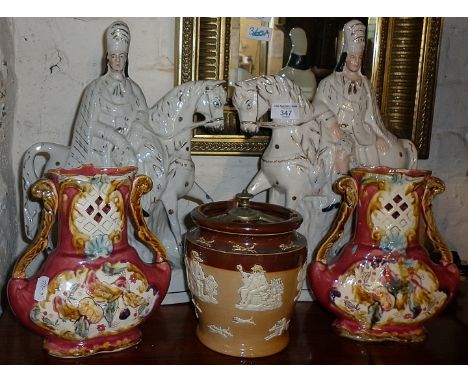 Pair of Staffordshire Flatbacks, Doulton stoneware tobacco jar and a pair of Continental majolica vases
