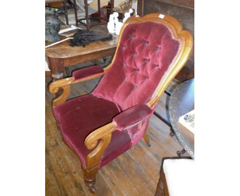 Victorian scroll arm button back open armchair