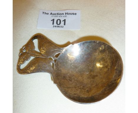 Arts and Crafts hammered silver tea caddy spoon with Art Nouveau stylised Stork handle, hallmarked for Birmingham 1929, Langs