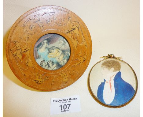 Regency watercolour portrait miniature of a gentleman, and an antique Sorrento Ware inlaid photo or picture frame with easel 